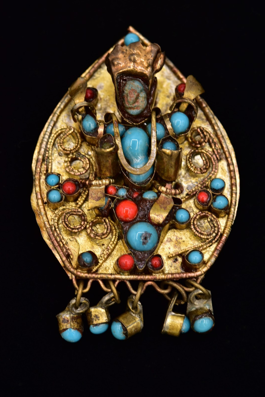 Vintage Tibetan Turquoise Coral King Deity Figural Brooch Dangle Pin 1940s BinBI